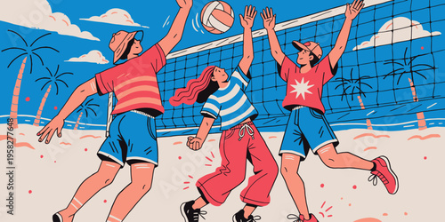 Volleyball players with a ball mid-air, enjoying a dynamic summer game on a tropical beach with palm trees under a blue sky with clouds.