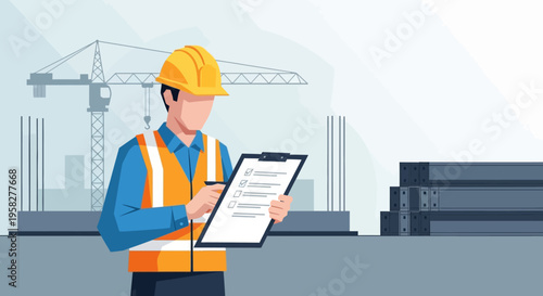 Construction Site Inspector in Safety Vest and Hard Hat Holding Checklist Clipboard, Project Management Flat Vector Illustration