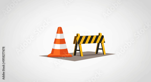 Road Construction Safety Equipment with Orange Traffic Cone and Yellow Striped Barrier Illustration for Web Maintenance or Under Construction Concept