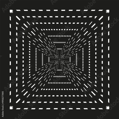 Perspective tunnel design. White dashed line. Black Vector background. Dark space path. Manual vector only. No autotrace used.