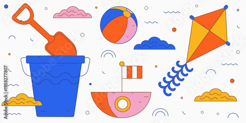 Beach toys set with bucket, shovel, kite, ball, and boat, symbolizing summer vacation fun activities.