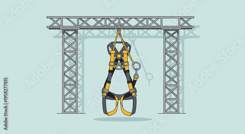 Industrial Safety Harness for Fall Protection on Metal Truss - Workplace PPE Illustration