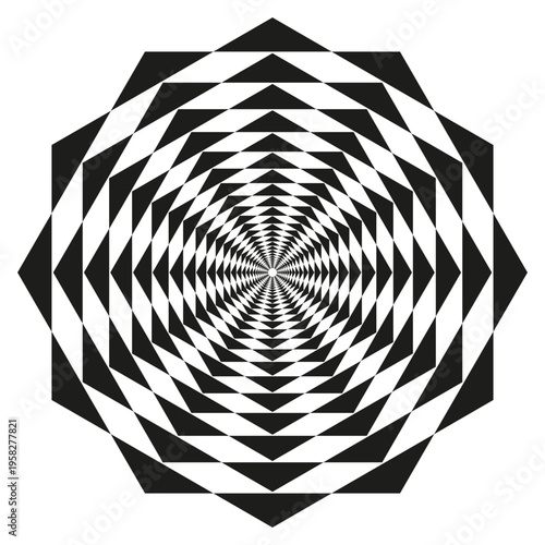 Octagon tunnel pattern. Geometric spiral Vector. Black white ornament. Optical illusion art. Manual vector only. No autotrace used.