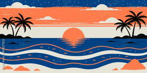 Sunset over the ocean with silhouettes of palm trees on tropical islands, stylized landscape featuring beach, sea, island with nature and water