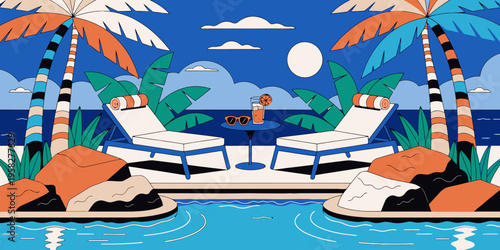 Poolside loungers with a refreshing cocktail and tropical palms evoke a luxurious summer vacation scene under a blue sky.