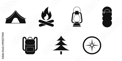 Icons set with tent, campfire, lantern, sleeping bag, backpack, pine tree, and compass for outdoor camping and adventure activities.