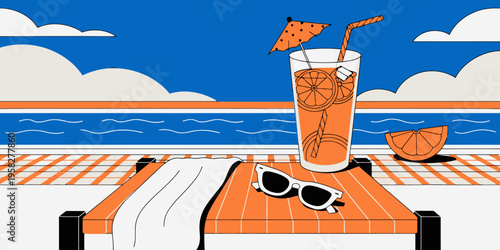 Sunbed with towel, sunglasses, and an orange juice drink next to a pool with an orange slice under a bright blue sky.