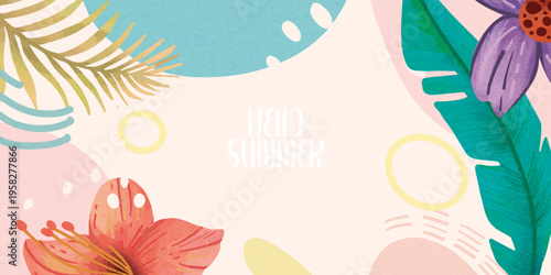 Creative concept of summer bright with abstract tropical leave background. Modern art  pattern minimalist style design. Suit for poster, cover, banner, web