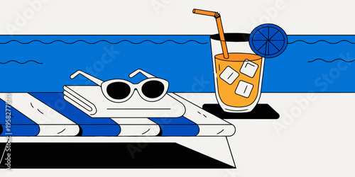 Sunbed with towel, sunglasses, and orange juice with ice and straw, beside the pool for ultimate relaxation