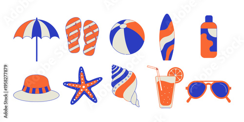 Beach objects set with an umbrella, flip-flops, beach ball, surfboard, sunscreen, hat, starfish, seashell, drink, and sunglasses, in a simple graphic