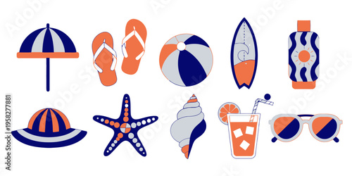 Summer beach objects set with sunglasses, surfboard, cocktail, hat, flip flops, beach ball, umbrella, and starfish icons
