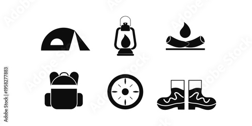 Camping gear icons including tent, backpack, lantern, compass, fire starting, and boots for outdoor adventures and hiking activities.