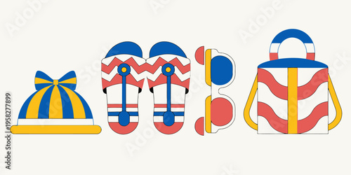 Summer fashion accessories including straw hat, flip-flops, sunglasses, and beach bag with wavy pattern, presented in minimalist style.