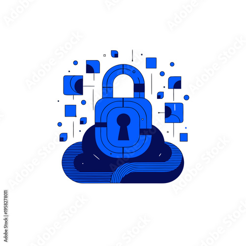 Cyber security concept with digital padlock and cloud server vector illustration for data protection