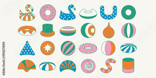 Pool inflatable floats collection including flamingo, donut, duck, and beach ball shapes in vibrant colors