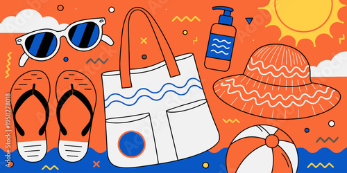 Summer accessories set with sunglasses, flip flops, beach bag, sunscreen, sun hat, and beach ball on an orange background with sun and clouds.