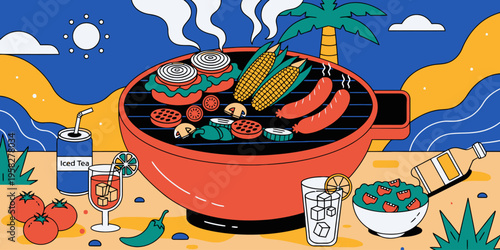 Grill with burgers, corn, and sausages cooking outdoors on a beach with tropical elements under a vibrant sky.