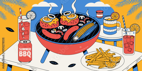 Grill with burgers, corn, sausages, and French fries set for a vibrant summer BBQ scene with drinks.