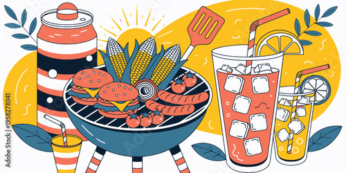 Grill with burgers, corn, and sausages, alongside refreshing iced drinks, evokes a cheerful summer barbecue celebration.