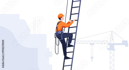 Construction Worker in Safety Harness and Hard Hat Climbing Ladder at a Building Site, Professional Industrial Height Safety Illustration