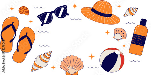 Summer beach accessories arranged in a circular composition with sunglasses, flip-flops, seashells, a hat, sunscreen, and a beach ball.