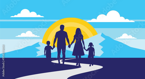 Vector illustration of family walking on road at sunset
