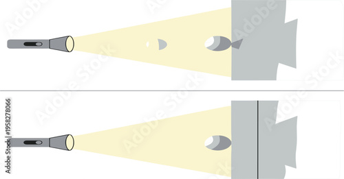 Light Reflection and Shadow Formation Vector Illustration Showing Flashlight Beam, Opaque Object, Screen Projection, and Umbra Penumbra Concept Diagram