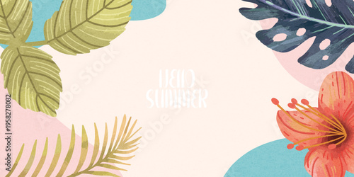 Creative concept of summer bright with abstract tropical leave background. Modern art  pattern minimalist style design. Suit for poster, cover, banner, web
