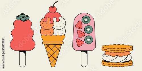 Dessert collection with popsicles, ice cream cone and ice cream sandwich in flat design style, perfect for summer.