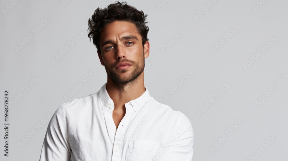 Obraz premium Modern masculinity and male grooming A handsome brunette man in a white shirt poses with a serious expression against a plain background representing confidence and self-assuredness The studio shot.