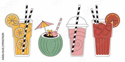 Cocktails tropical drinks summer set with fresh lemon and mint for refreshing beverages and party invitations