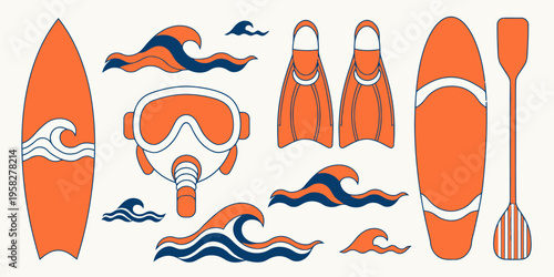 Summer water sports icons including surfboard, snorkeling mask, life buoy, sailboat, and paddleboard for recreational activity.