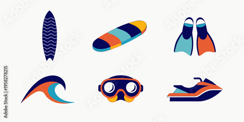 Surfboard water sports vector icons with vibrant summer wave splashes and dynamic ocean elements, perfect for recreational activity graphics.