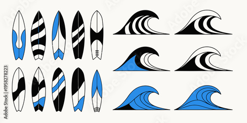 Surfboard vector illustration featuring diverse styles and colors, perfect for summer beach themes and ocean lifestyle graphics.