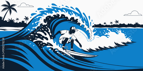 Surfboard leaning on a weathered wooden pier with a vibrant ocean wave crashing in the background during a sunny summer day.