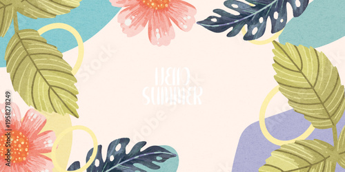 Creative concept of summer bright with abstract tropical leave background. Modern art  pattern minimalist style design. Suit for poster, cover, banner, web