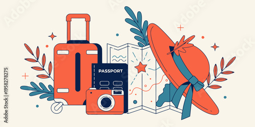 Suitcase, camera, passport, and sunglasses arranged for travel vacation essentials, symbolizing adventure and exploration abroad.