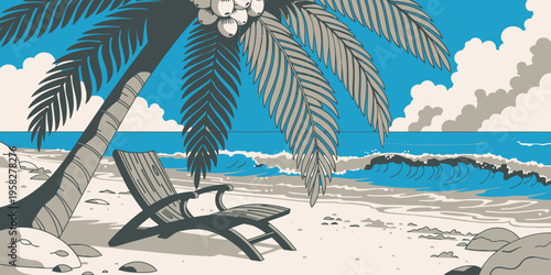 Tropical beach with palm trees and ocean waves under a clear blue sky, conveying relaxation and paradise scenery.