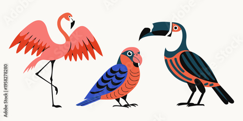 Tropical birds collection with vibrant flamingos and exotic avian species in a colorful vector illustration, perfect for design.