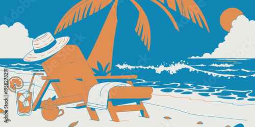 Tropical beach with palm trees and ocean waves on a sunny day, depicting pure relaxation and natural beauty in a vibrant vector illustration.