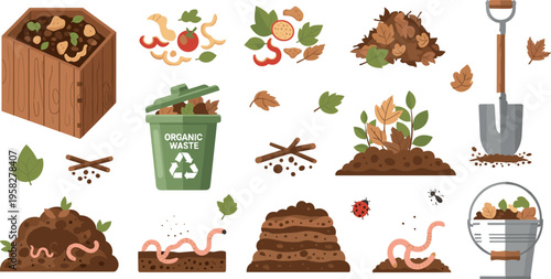 Composting and Organic Waste Recycling Illustration Set with Compost Bin, Food Scraps, Soil Layers, Worms and Gardening Tools
