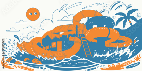 Water park slides with vibrant colors and refreshing blue water, offering thrilling aquatic adventure for summer fun.