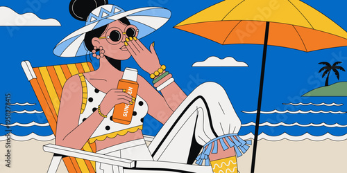 Woman applying sunscreen on a beach, enjoying a relaxing summer day with clear blue skies and calm ocean waves.