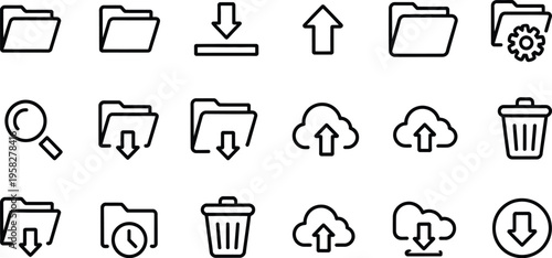 File & folder icon set, cloud folder, shared folder, locked folder, search file, edit file, copy file, trash bin symbols, thin line vector illustration for UI and web apps.