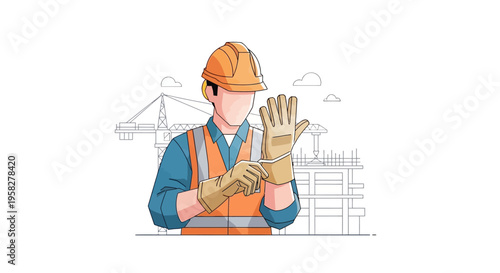Construction Worker Putting on Safety Gloves at Building Site, Vector Illustration of Professional Builder wearing PPE