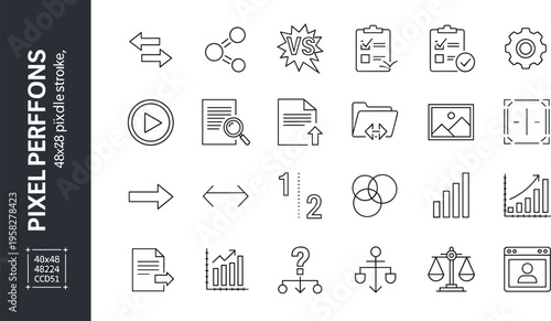 Pixel perfect business data icons set, charts, graphs, arrows, folder, document, gear, checklist, venn diagram, balance, interface