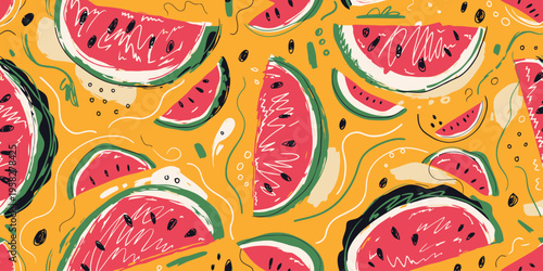Watermelon summer pattern repeating vector with slices and seeds on a white background for design elements
