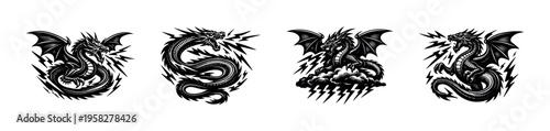 Black and white silhouette vector of dragon illustrations featuring lightning elements