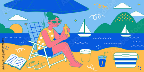 Woman applying sunscreen on beach, relaxing during summer vacation with a serene expression and warm sunshine illuminating her face.