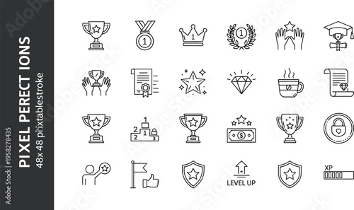 Pixel perfect achievement reward icons set, trophy, medal, crown, certificate, graduation, laurel wreath, diamond, star, shield, progress